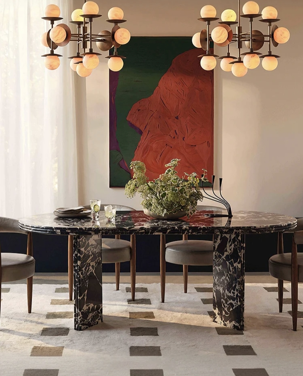 Oak & Aura's Black Marble Dining Table With 4 Chairs, Oval