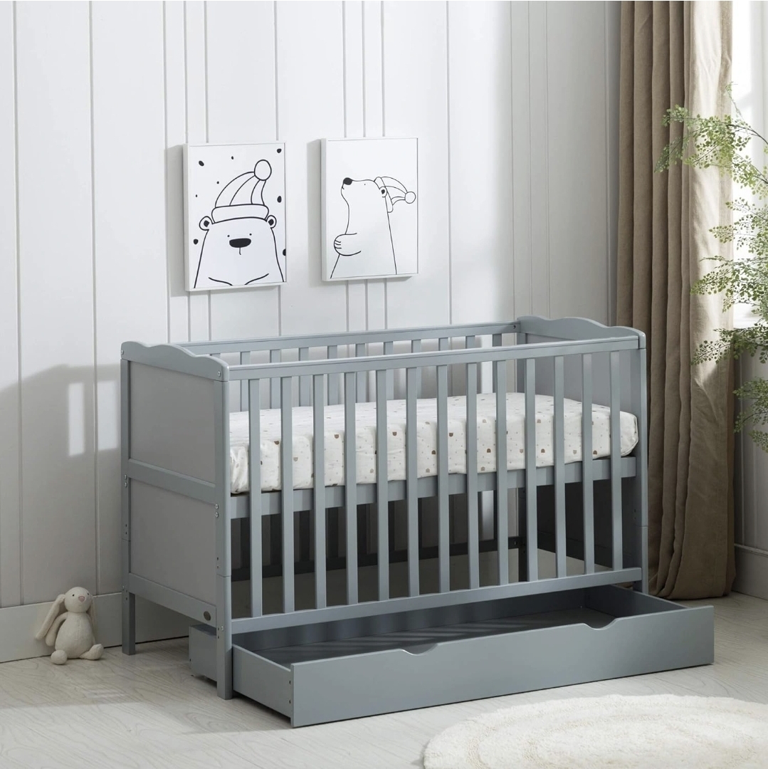 Oak & Aura's Wooden Baby Cot Bed with Drawer and mattress
