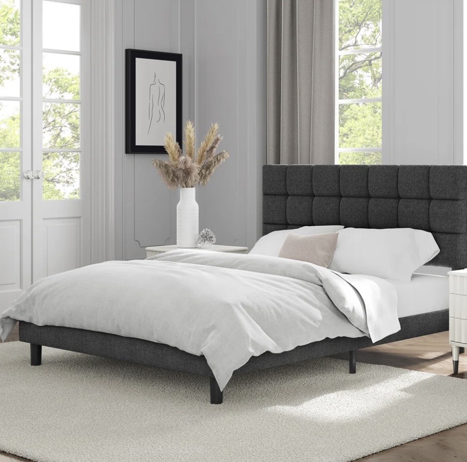 Oak & Aura Modern Upholstered Bed Frame with Adjustable Square Tufted Headboard