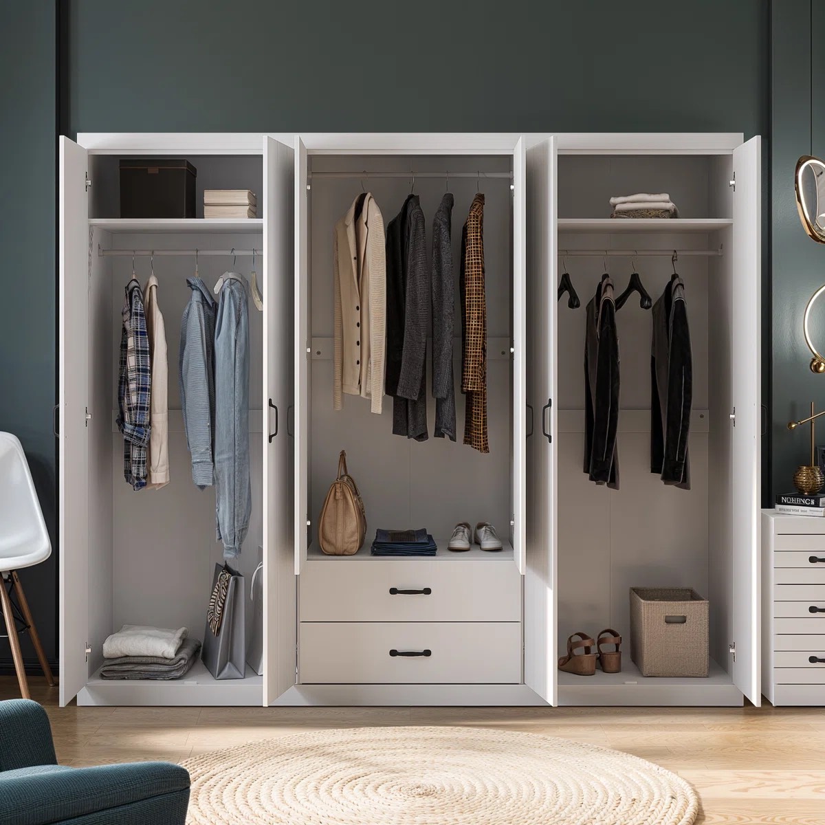 Oak & Aura 6 Door 2 Drawer Wardrobe With Mirror