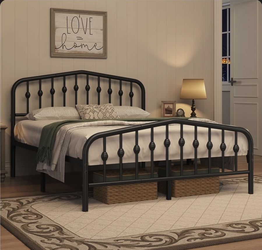 Oak & Aura's Metal Bed with Mattress, Arched Headboard